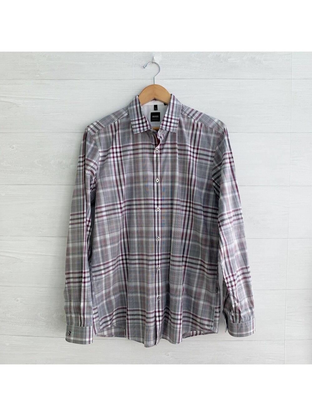 BOSS Hugo Boss Burgundy Gray Plaid Cotton Regular Fit Dress Shirt Men L